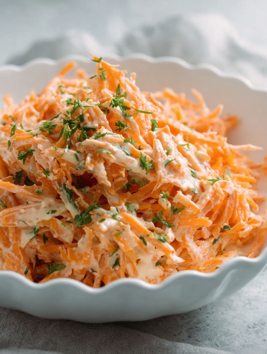 A white plate with a salad of carrots and apples.
