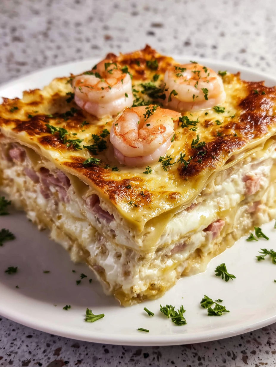 A white plate with a lasagna dish on it.