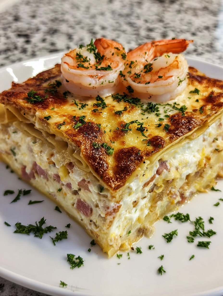 A square lasagna with shrimp on top.