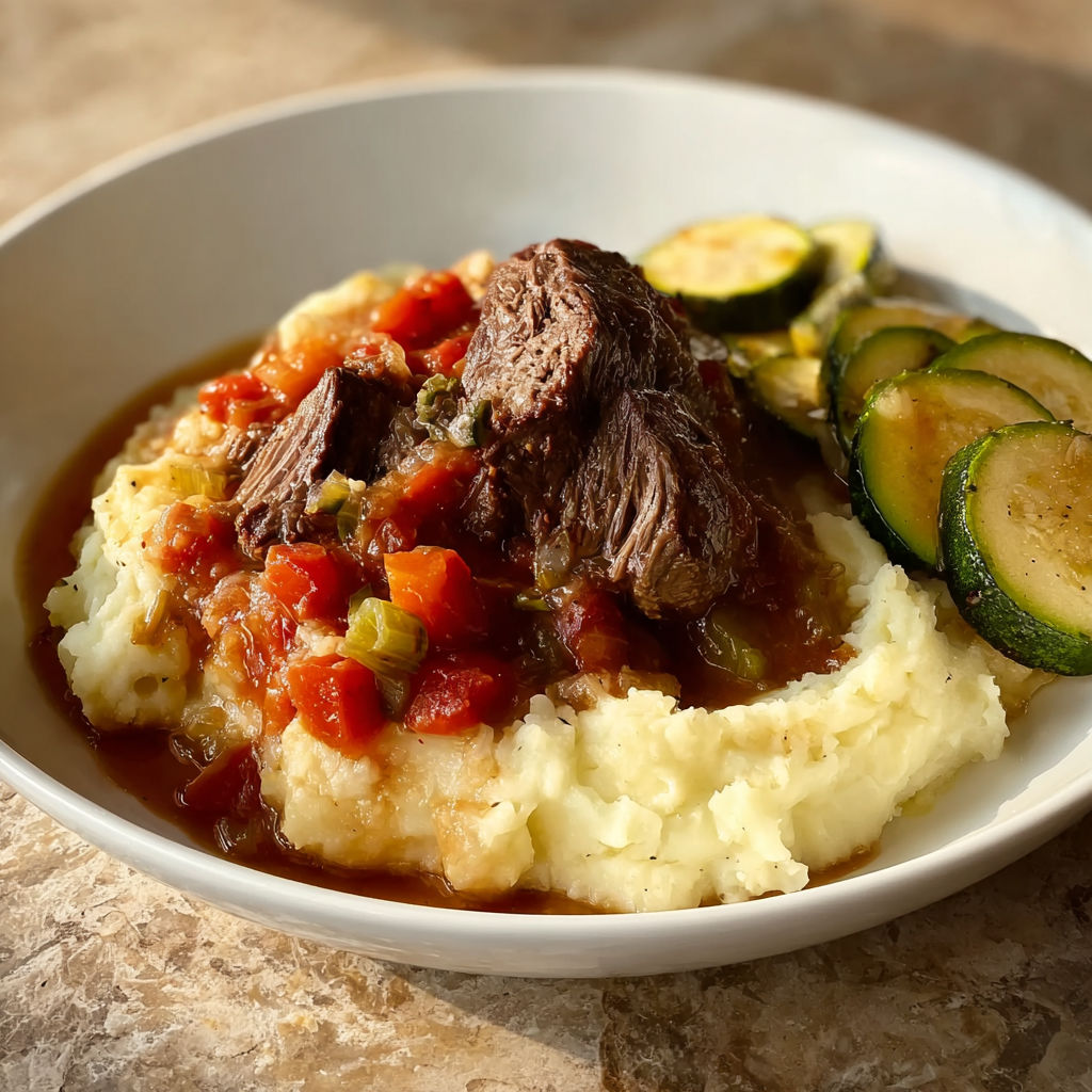 A white bowl filled with meat and tomatoes.