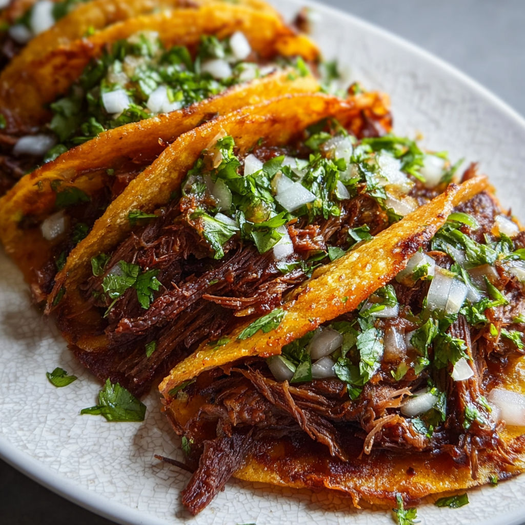 A plate of crock pot beef birria tacos.