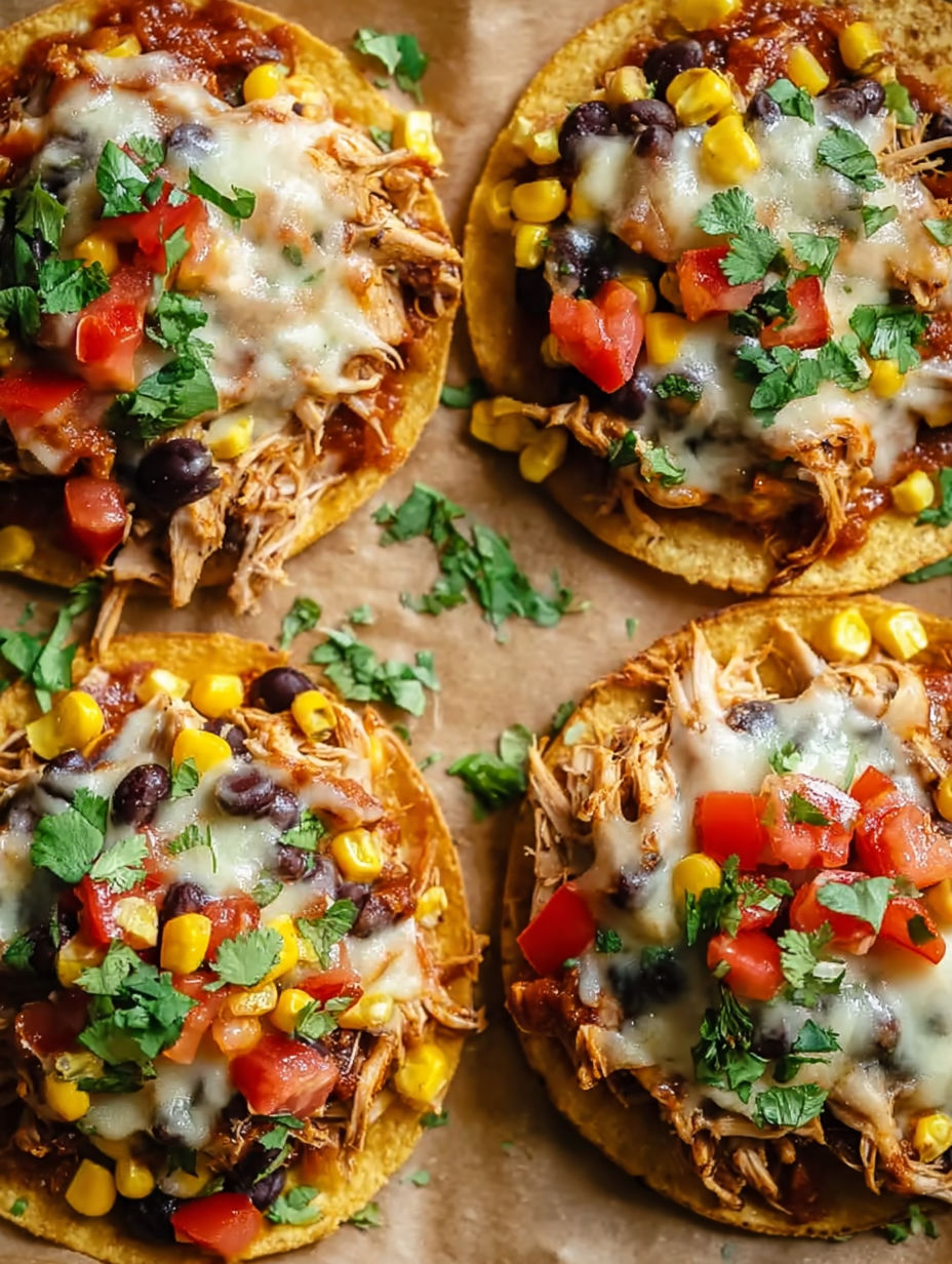 A close up of a delicious Mexican chicken tostada.