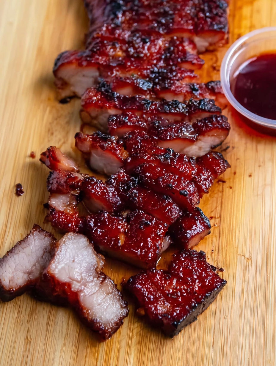 A close up of a piece of meat on a wooden cutting board.