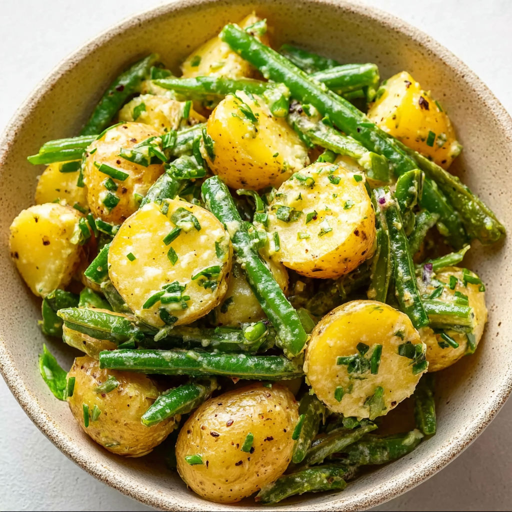 A bowl of grüner-bohnen-kartoffelsalat.