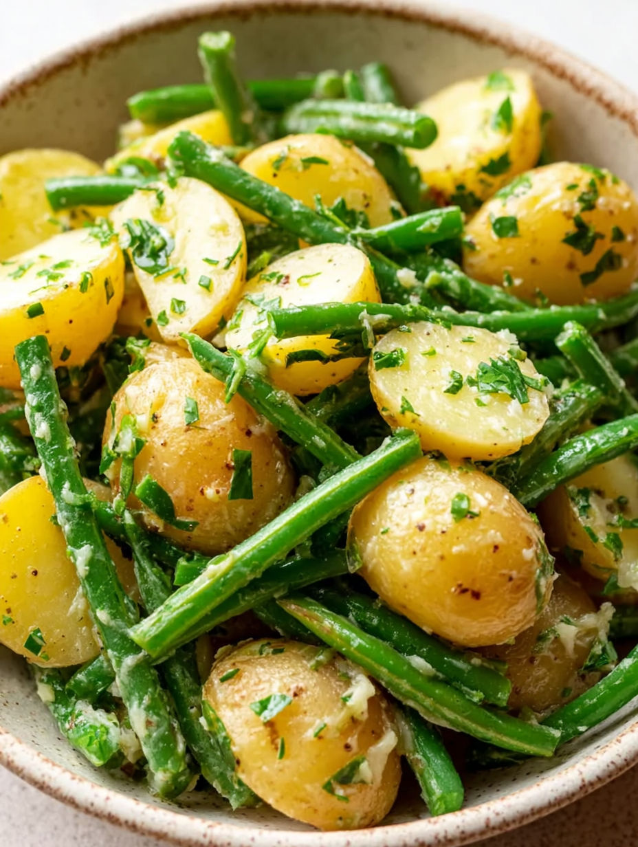 A bowl of grüner-bohnen-kartoffelsalat.