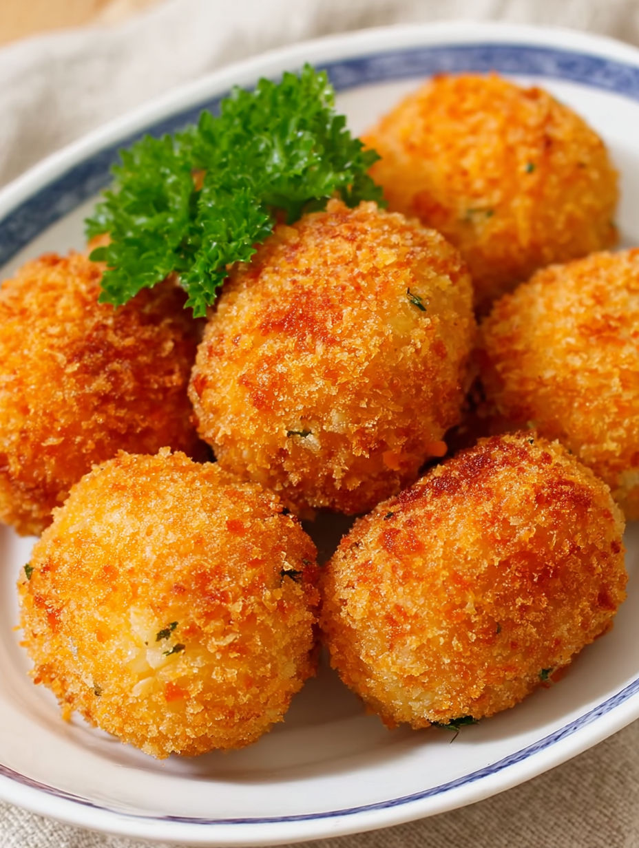 A plate of orange garnelenbällchen.