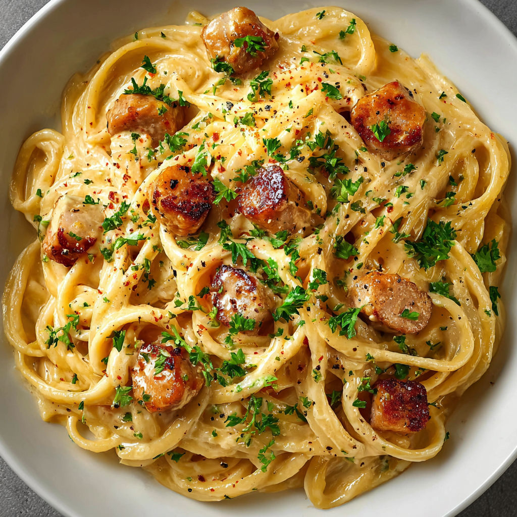 A bowl of pasta with meat and herbs.