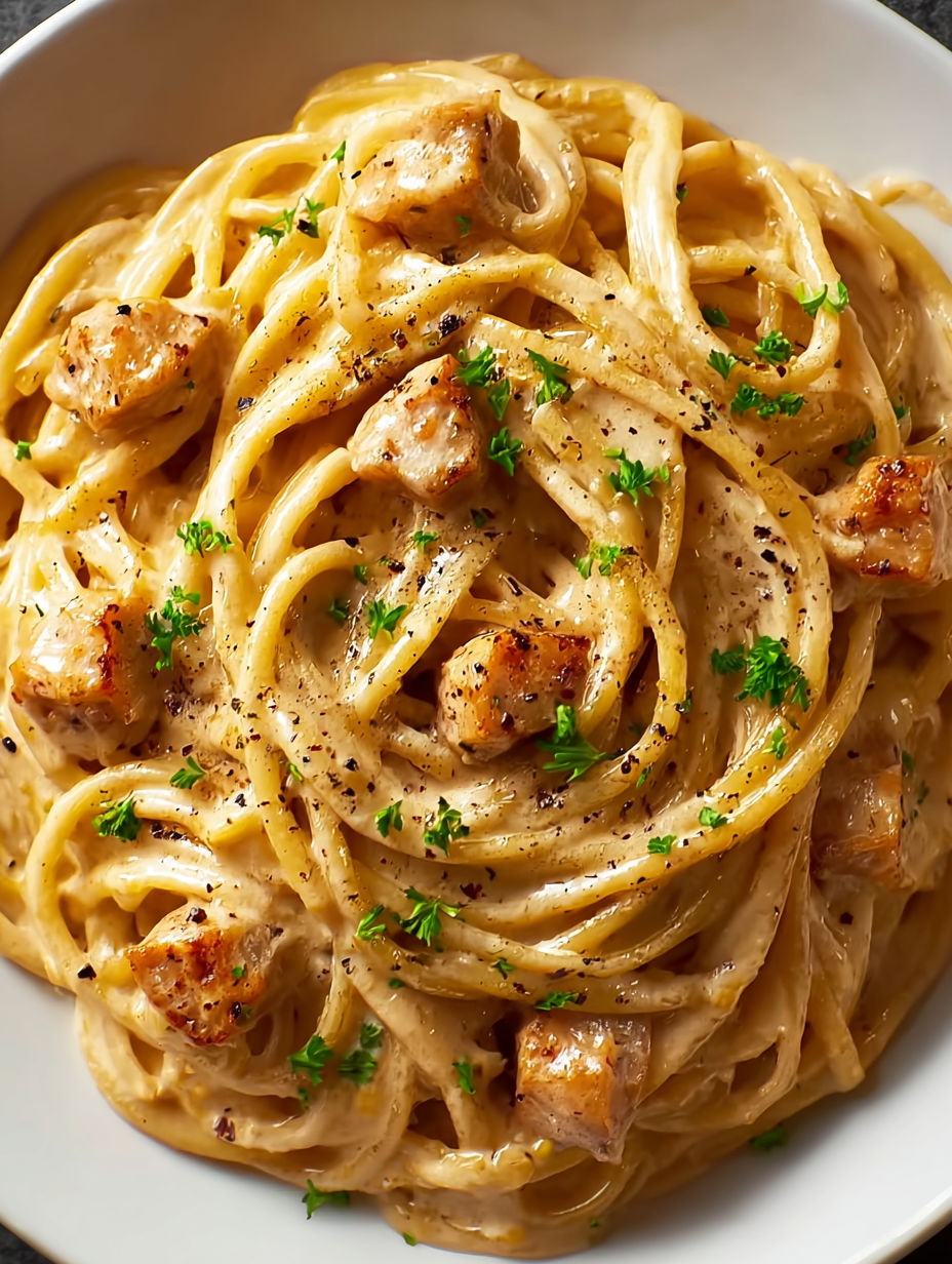 A bowl of pasta with chicken and herbs.