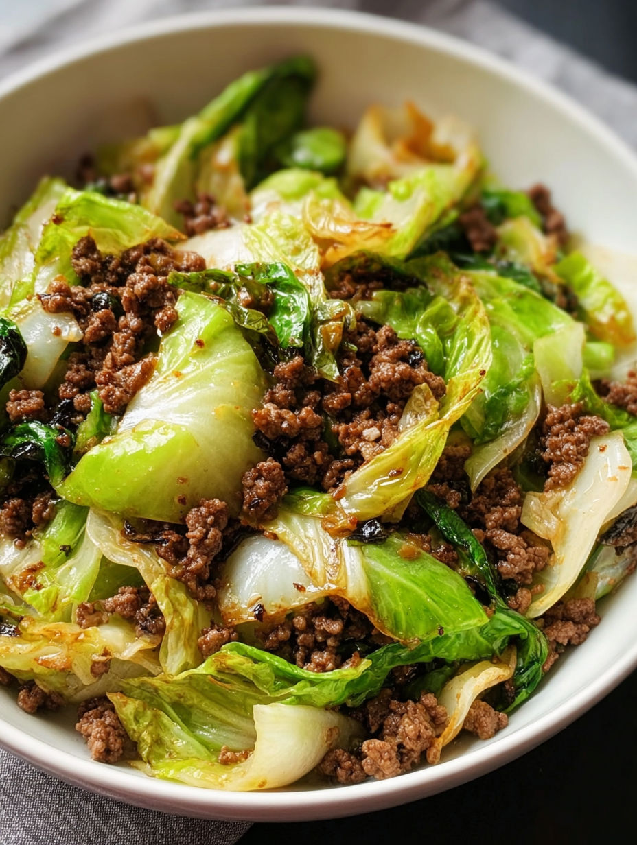 A bowl of beef and greens.