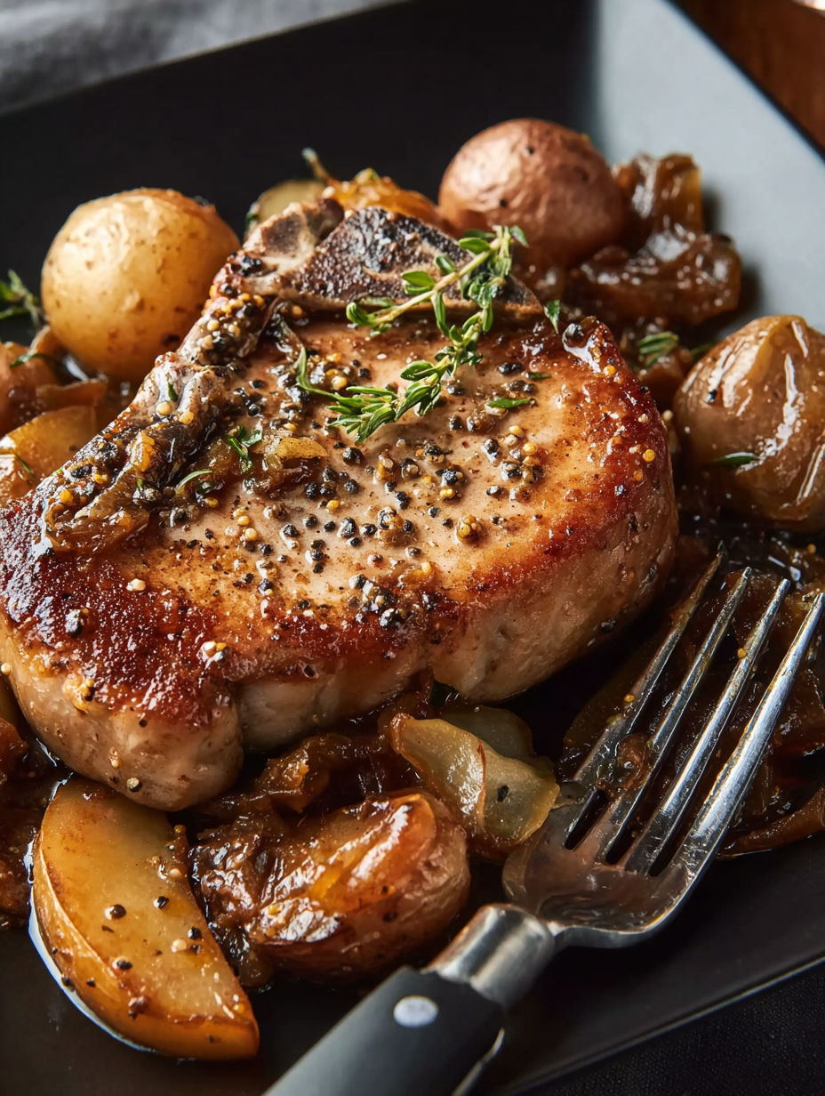 A plate of meat with onions and potatoes.