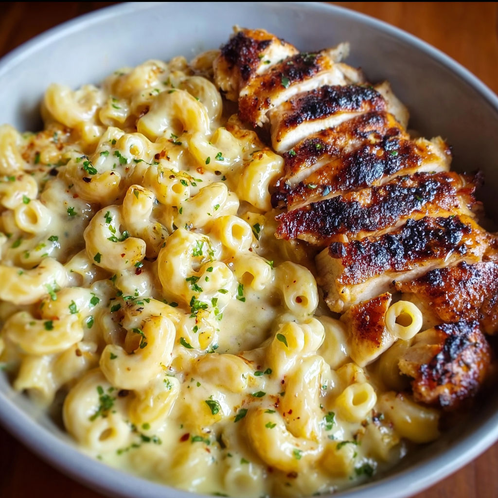 A bowl of mac and cheese with chicken.