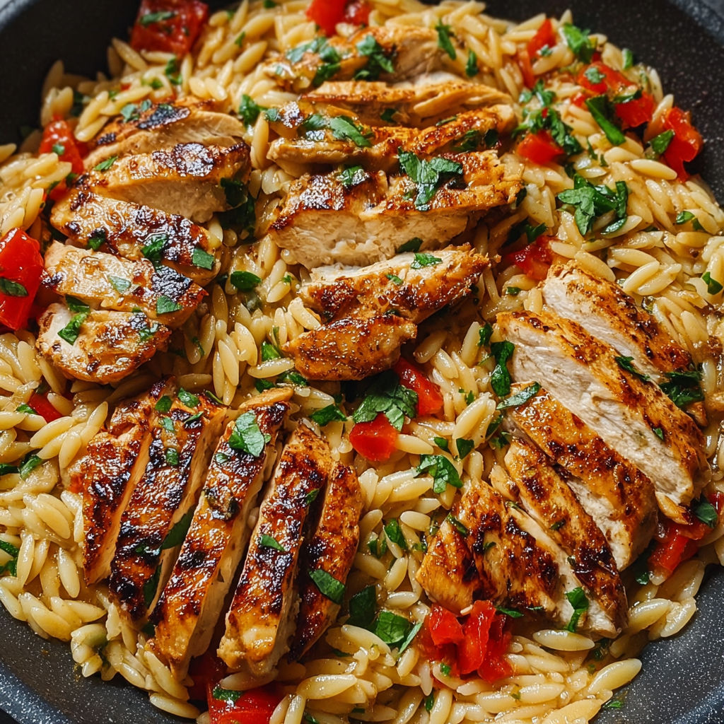 A dish of pasta with chicken and vegetables.