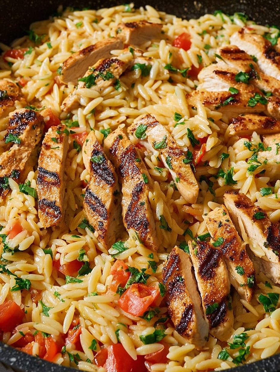 A dish of pasta with chicken and tomatoes.