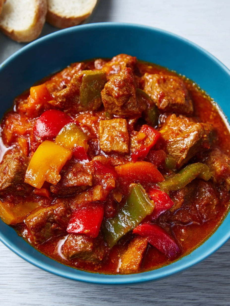 A bowl of meat and vegetables.