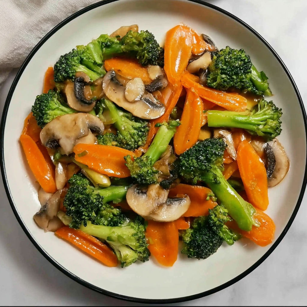 A plate of broccoli, carrots and mushrooms.