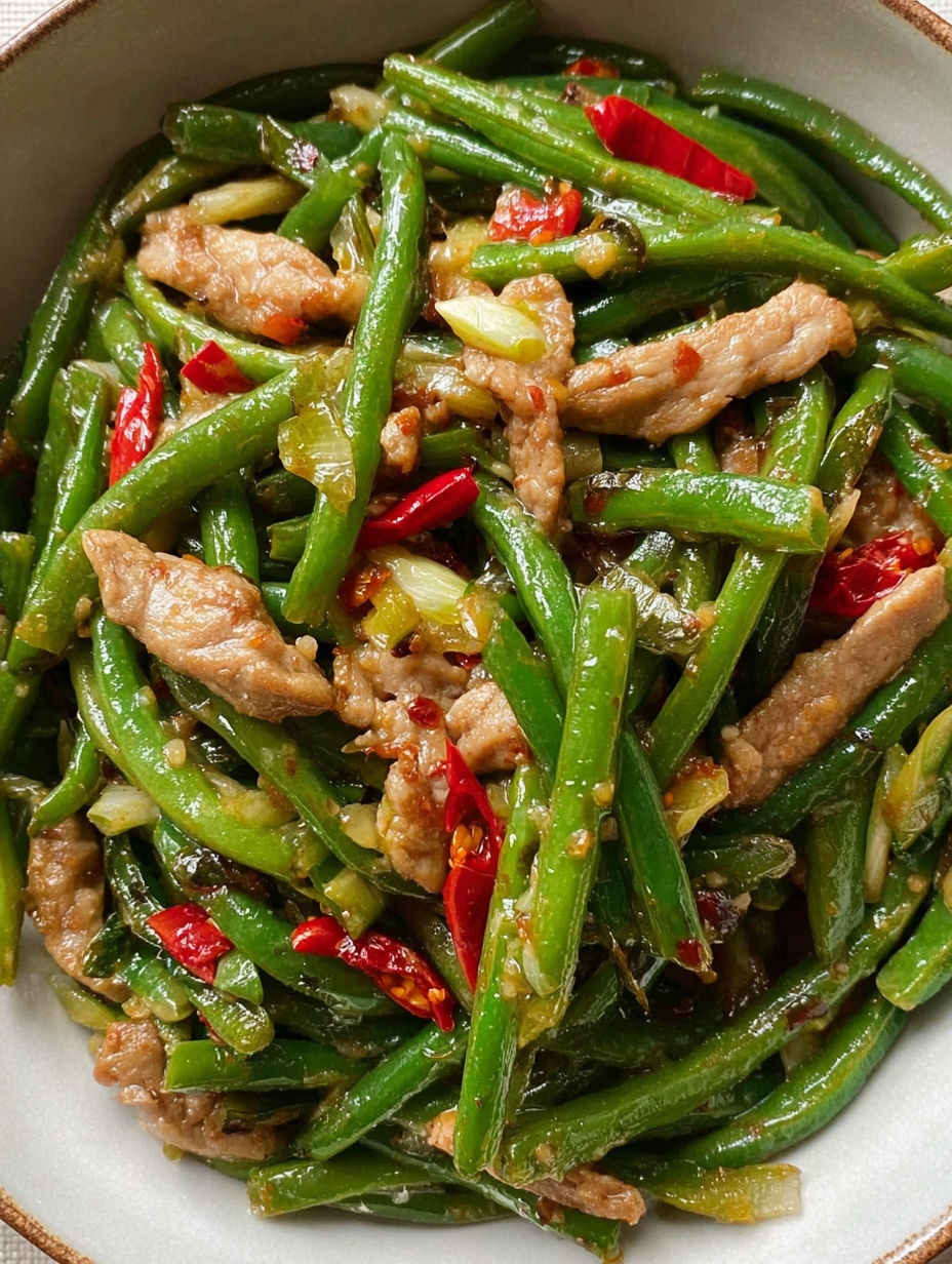 A bowl of beef and green beans.