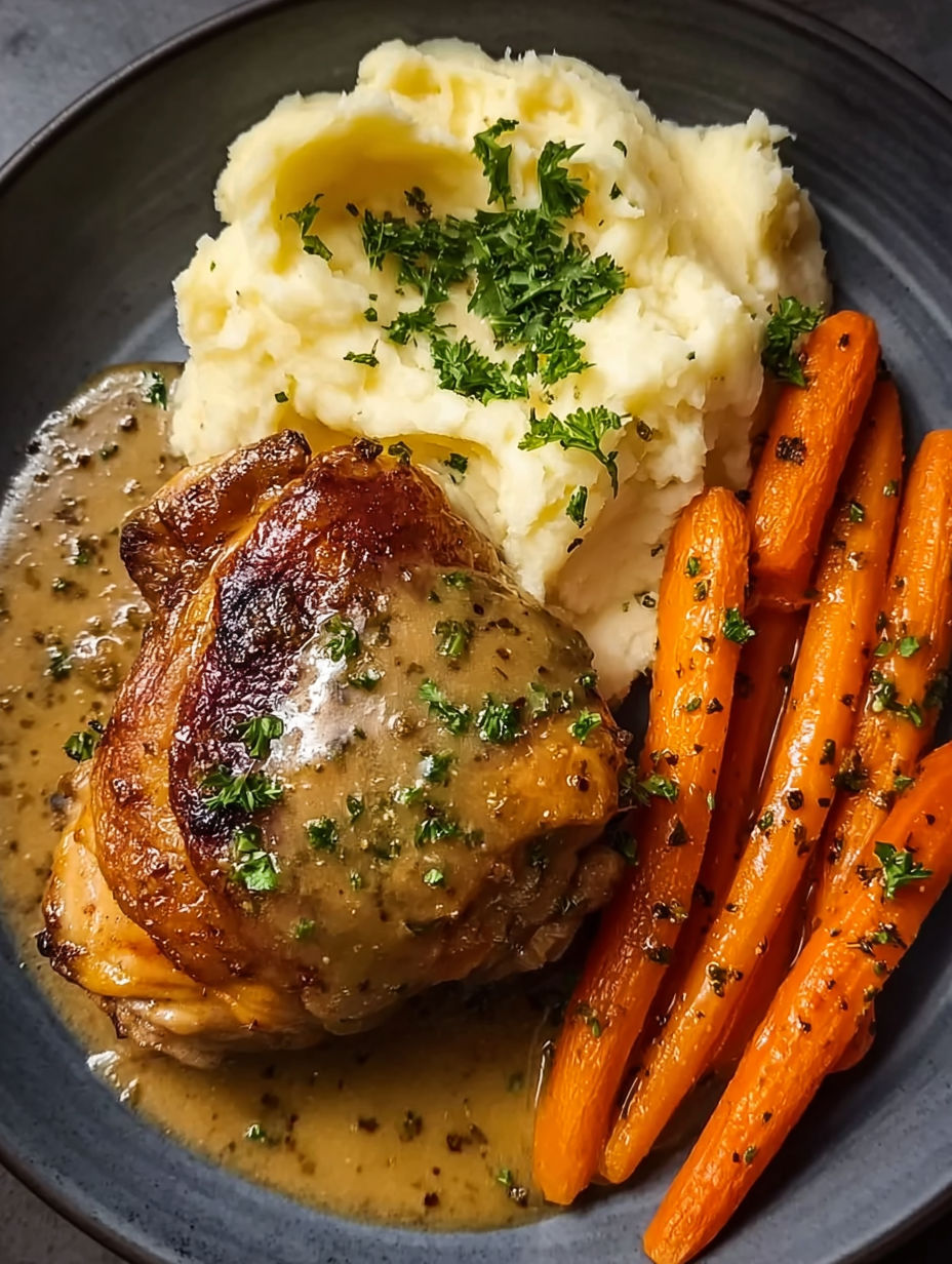 A plate of food with chicken, potatoes, and carrots.