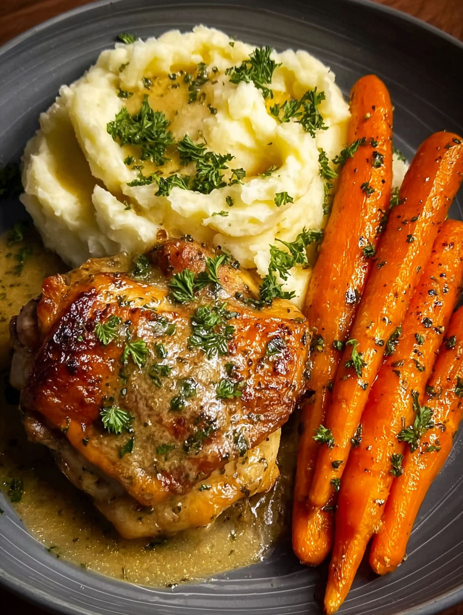 A plate of food with chicken, potatoes, and carrots.