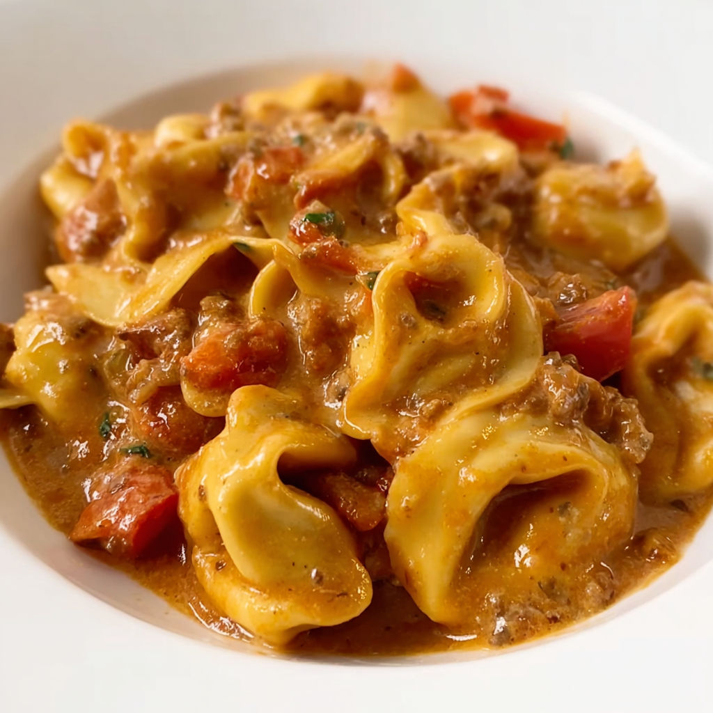 A bowl of pasta with meat and tomatoes.