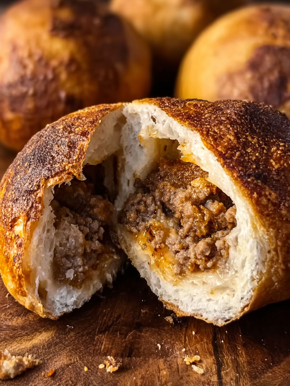 A cheeseburger pretzel bomb with a bite taken out of it.