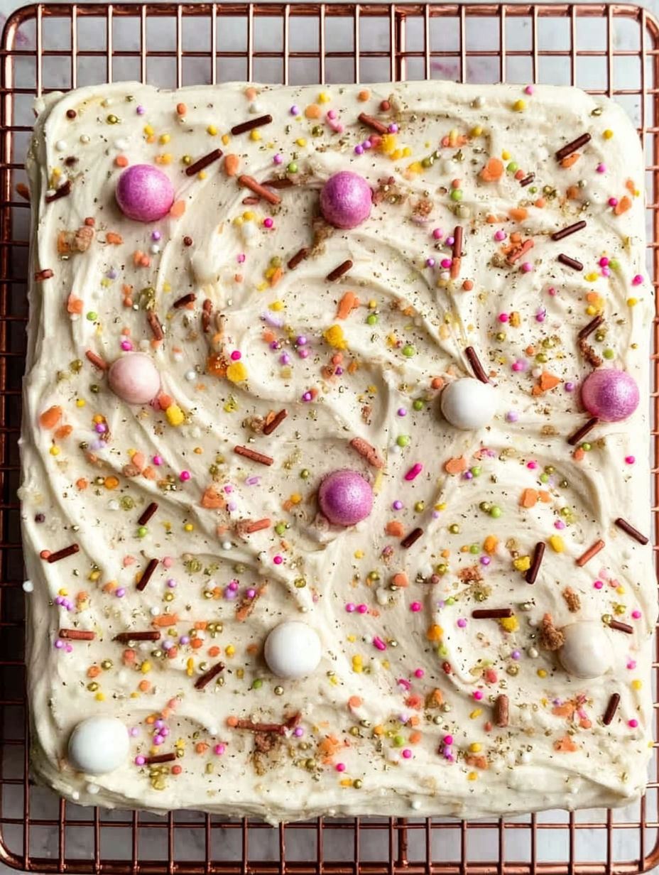 A cinnamon roll bars dessert with sprinkles.