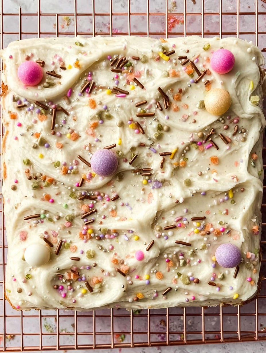 A cake with sprinkles and chocolate chips.