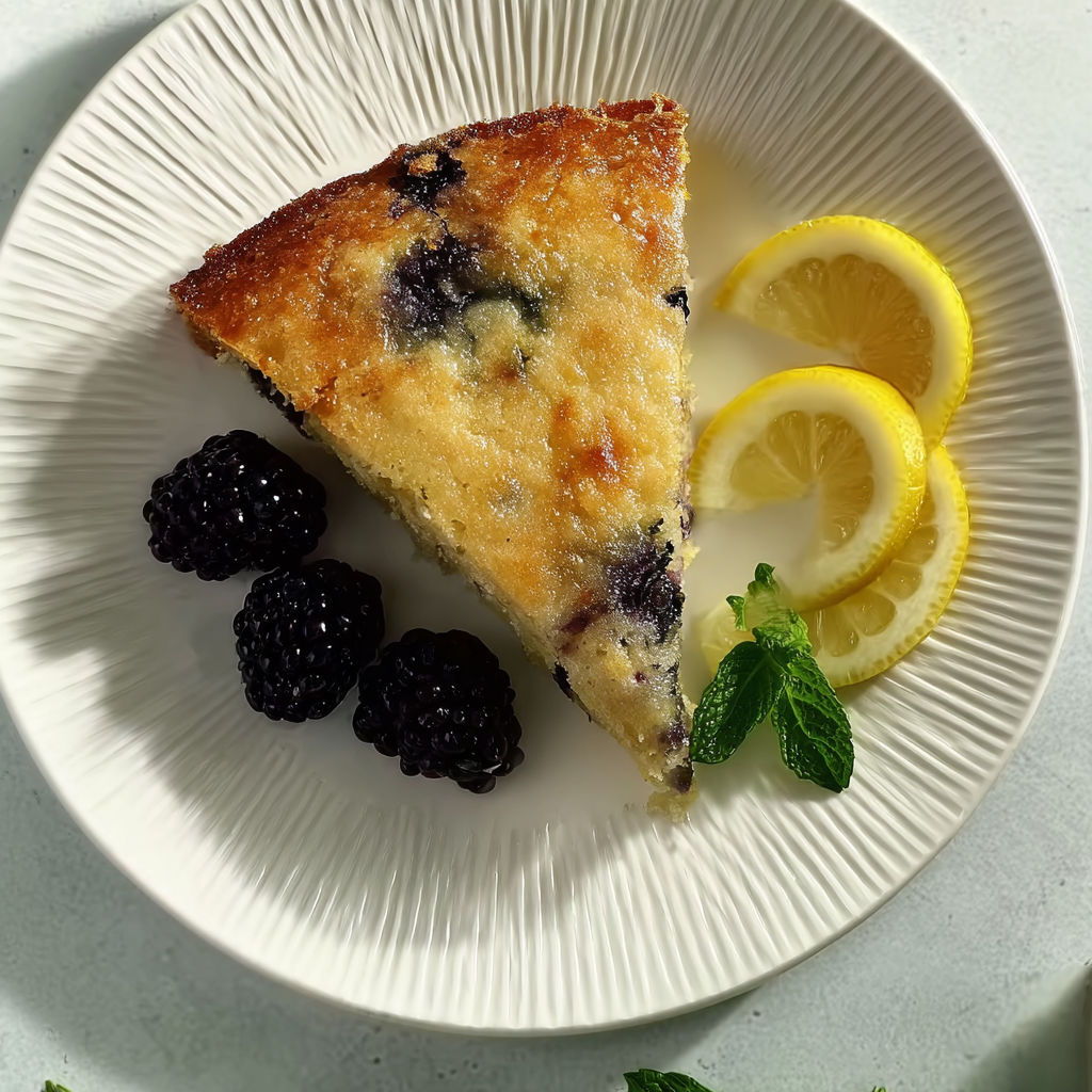 A slice of lemon blueberry cottage cheese bake on a plate.