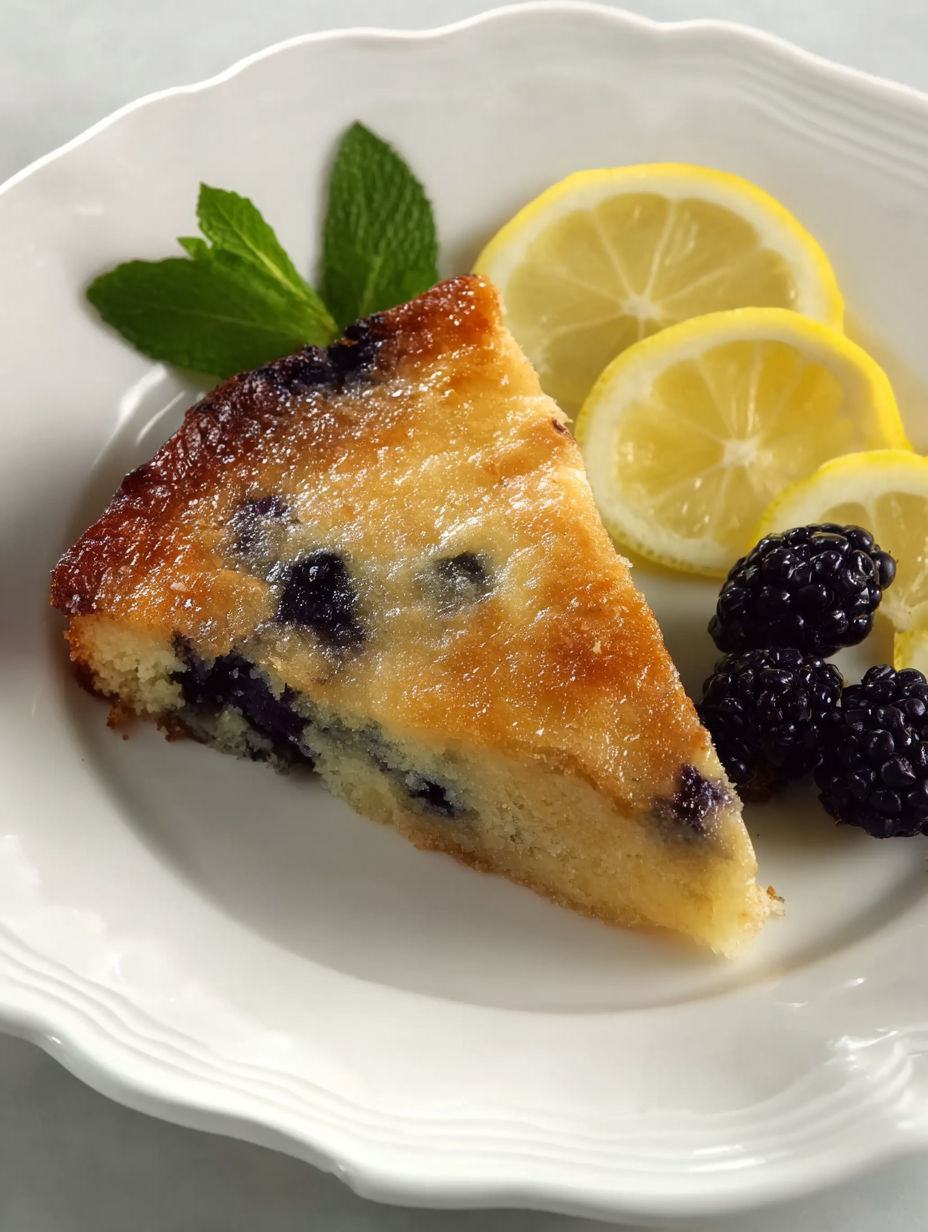 A slice of blueberry lemon cake on a plate.