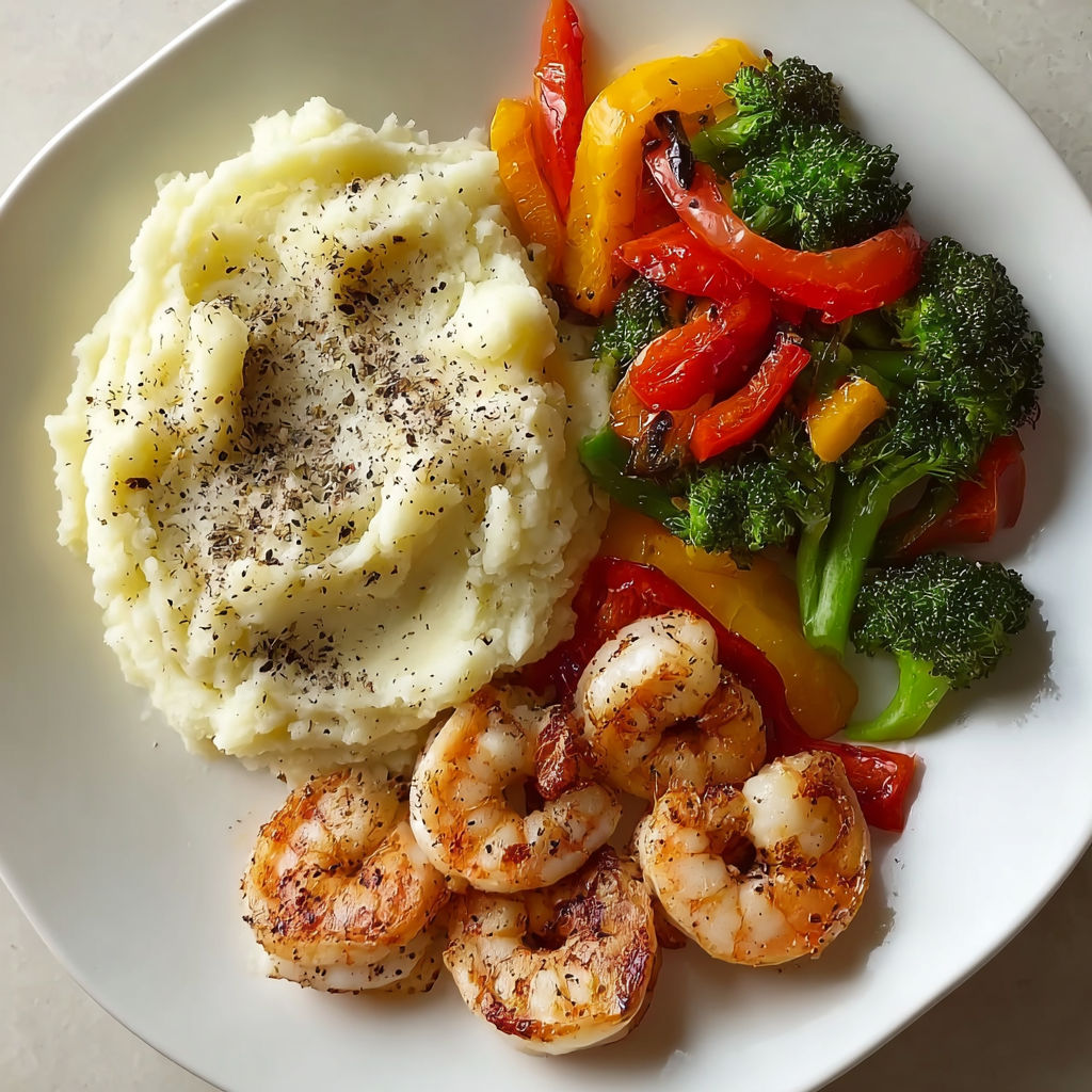 A plate of food with shrimp, broccoli, and peppers.
