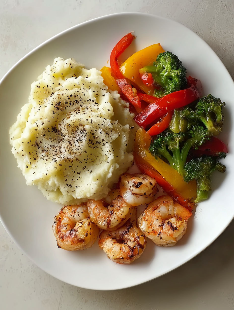 A plate of food with shrimp, broccoli, peppers and potatoes.