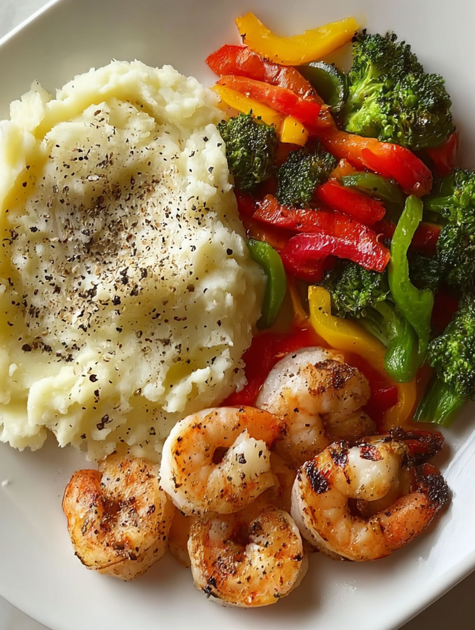 A plate of food with shrimp, broccoli, and peppers.