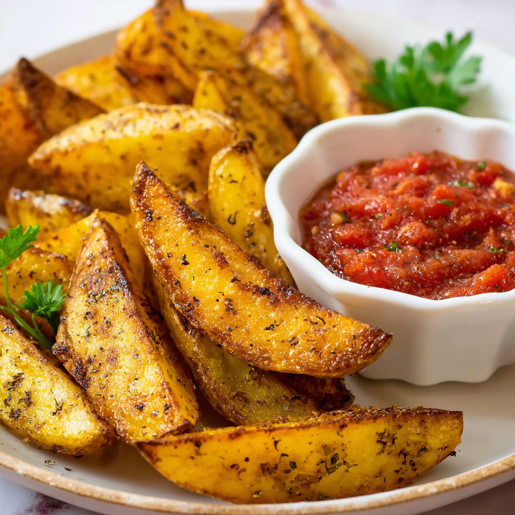 A plate of fried potatoes with a bowl of dipping sauce.