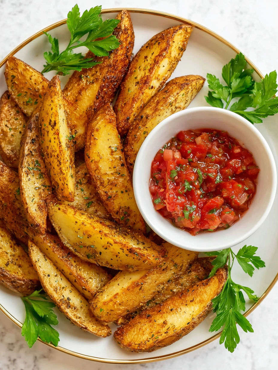 A plate of fried potatoes with a bowl of sauce.