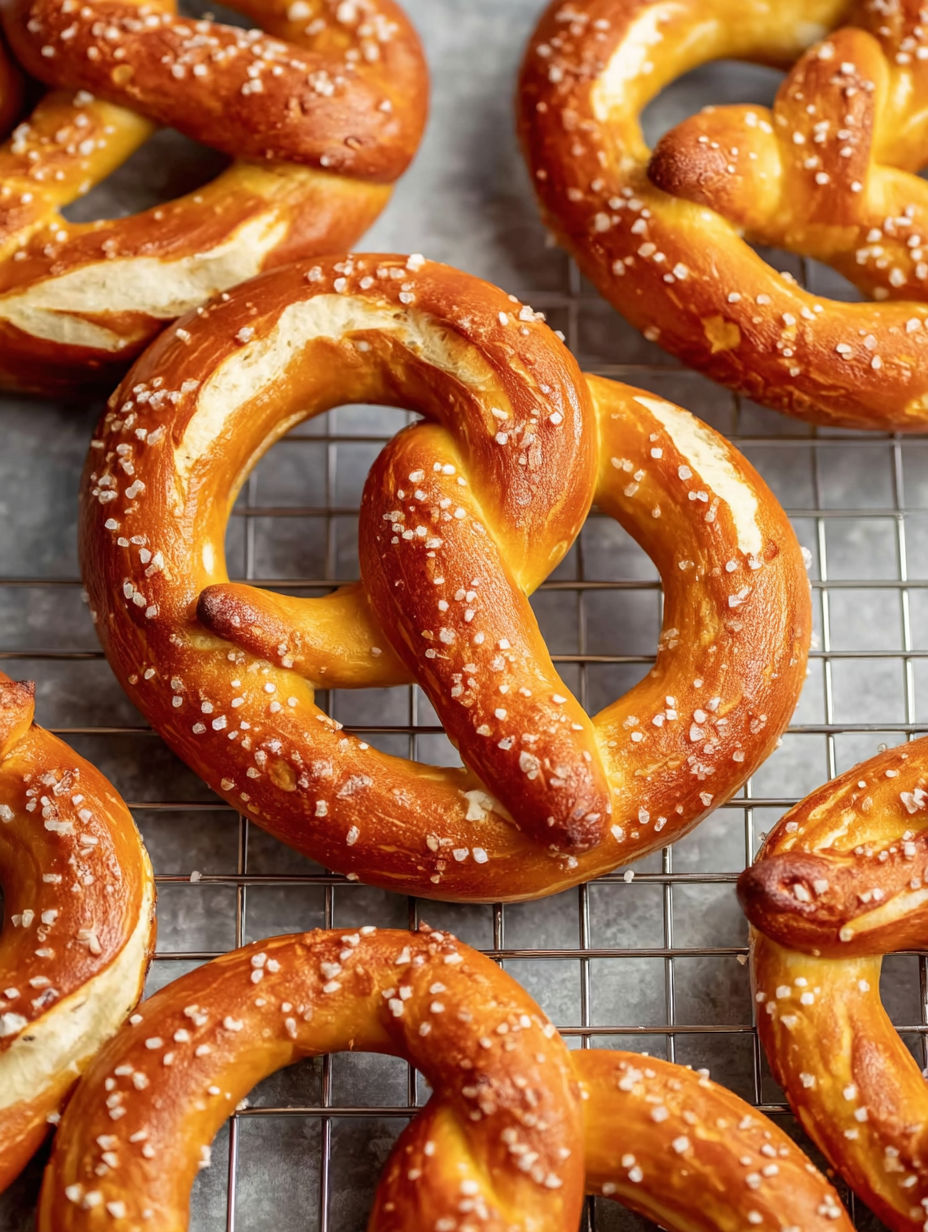 Homemade German Pretzels on a cooling rack.