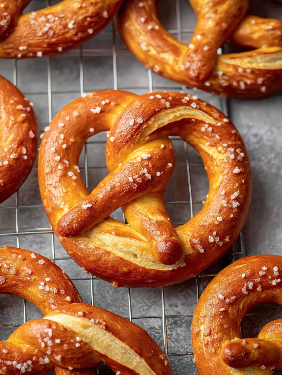 Homemade German pretzels on a cooling rack.