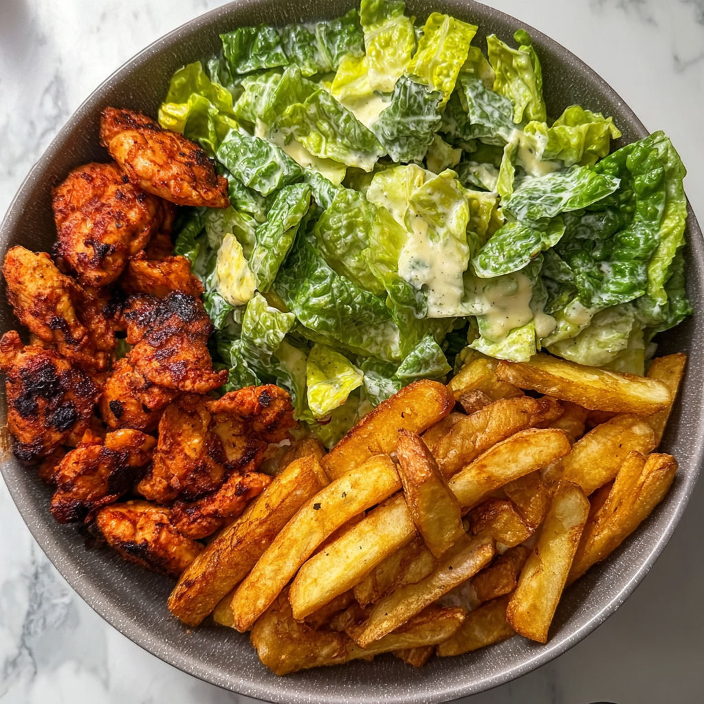A bowl of food with chicken, fries, and salad.