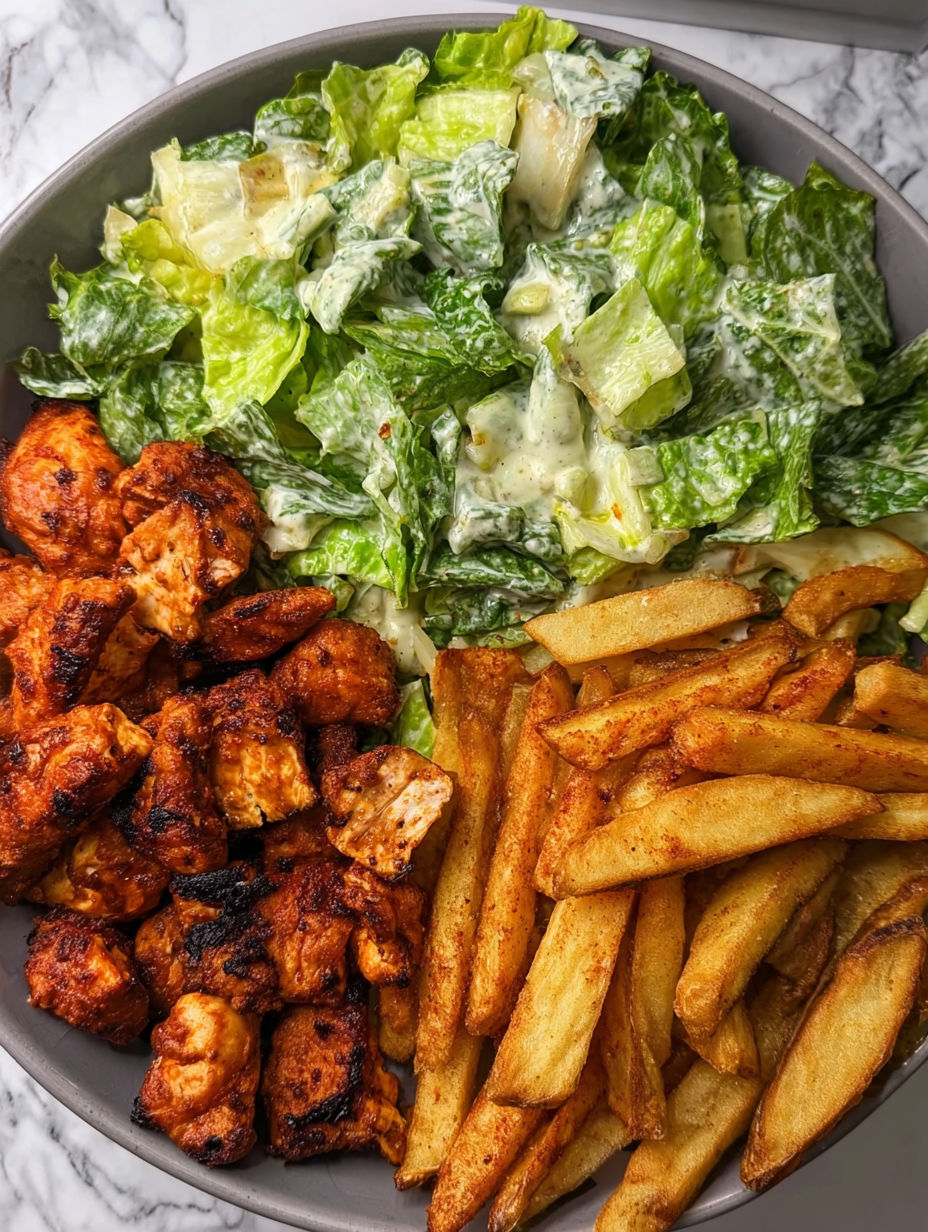 A bowl of food with chicken, fries, and salad.
