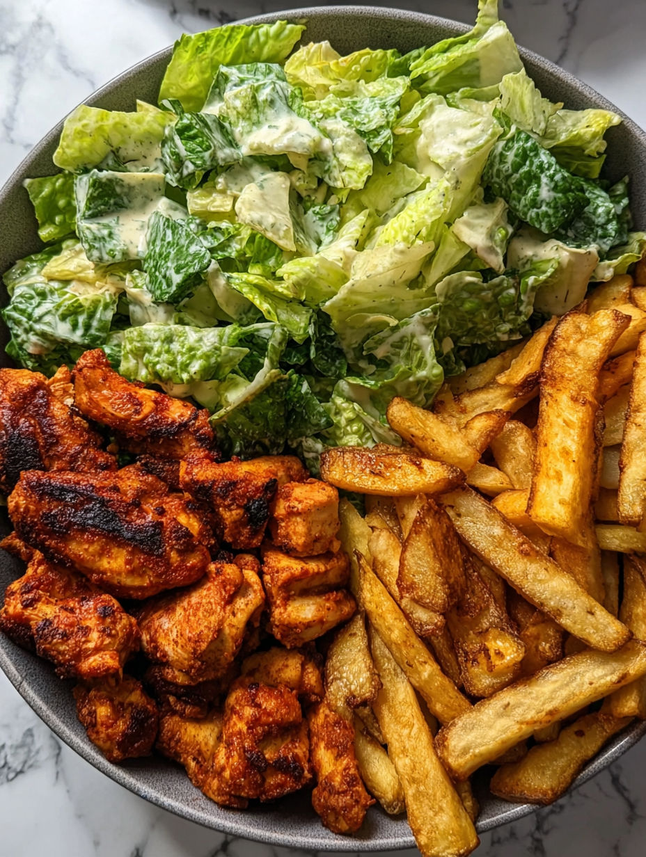 A bowl of food containing chicken, fries, and salad.