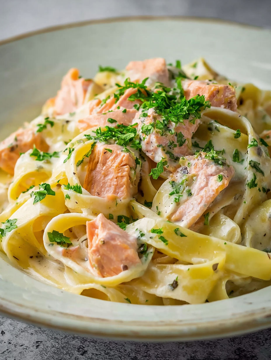A bowl of creamy pasta with salmon and herbs.