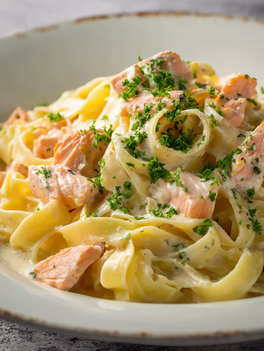 A plate of creamy pasta with chicken and herbs.