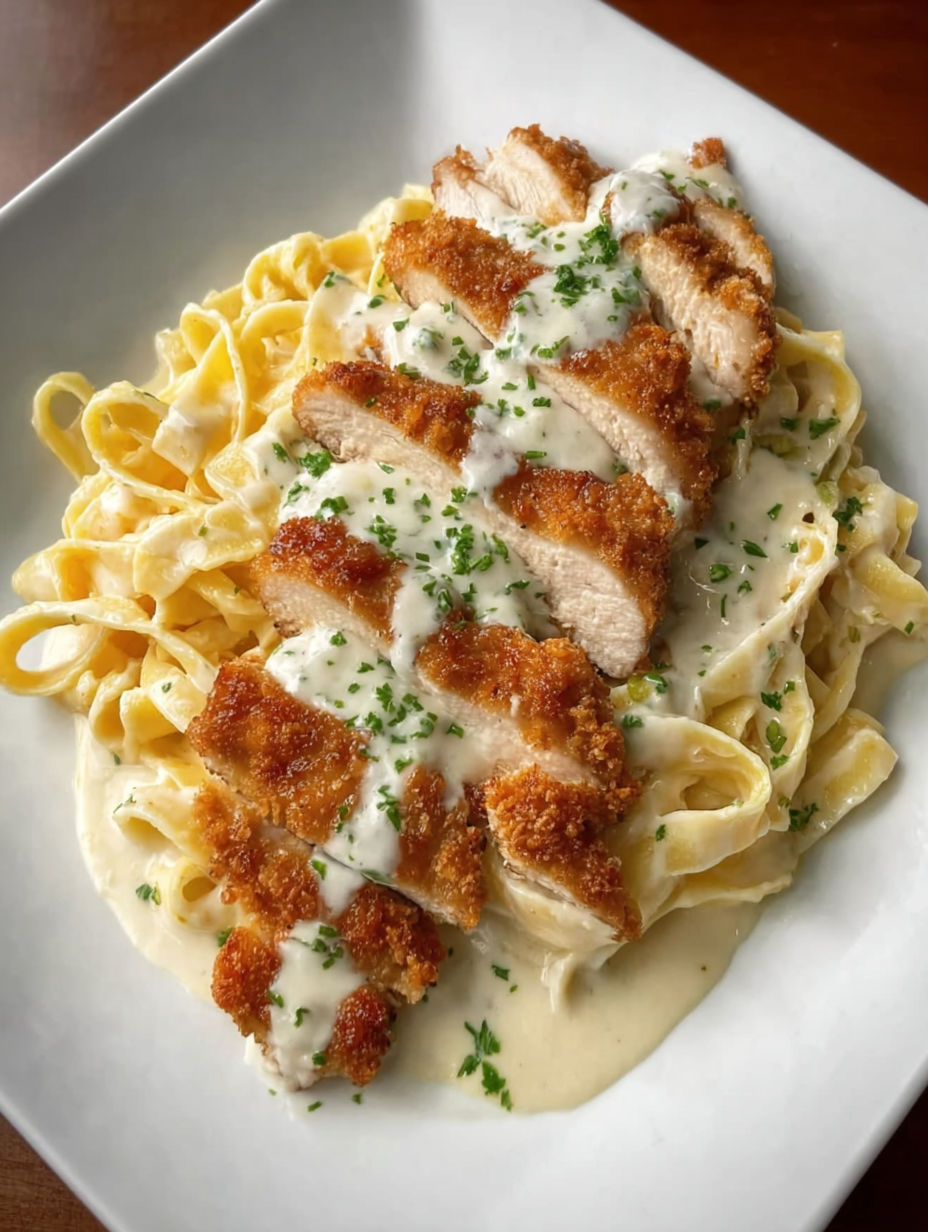 A plate of Crispy Chicken Alfredo.