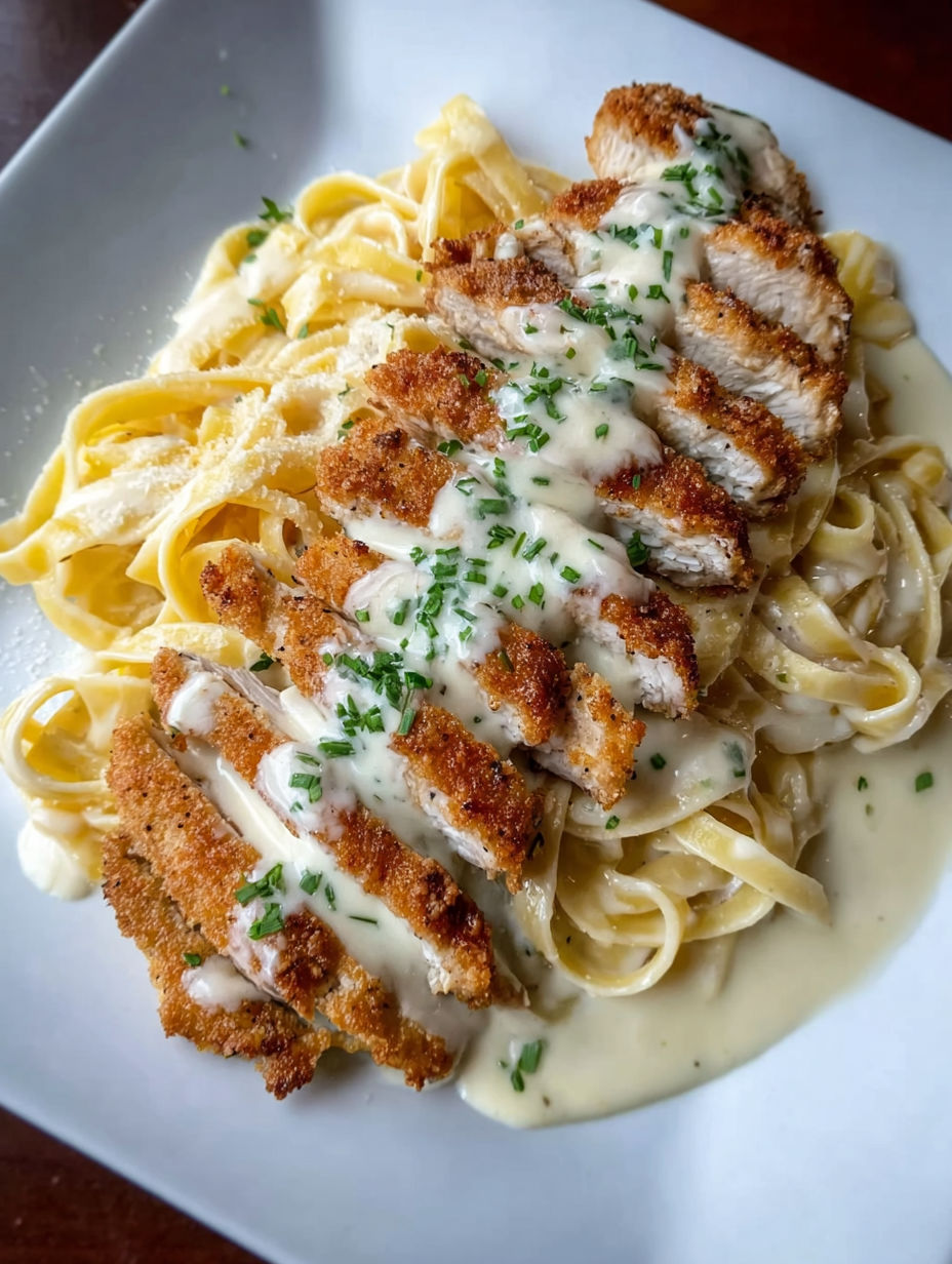 A plate of Crispy Chicken Alfredo.