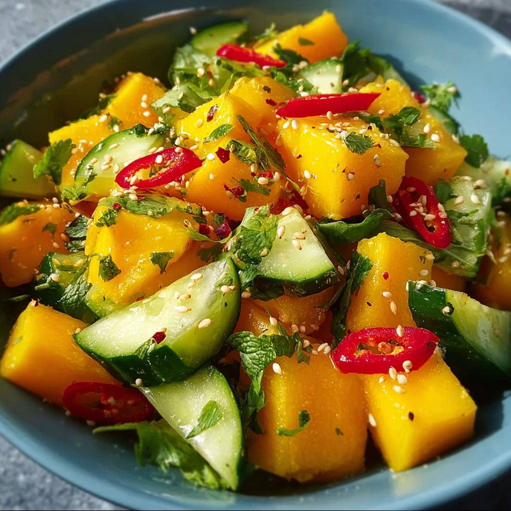 A bowl of sliced mango and cucumber salad.