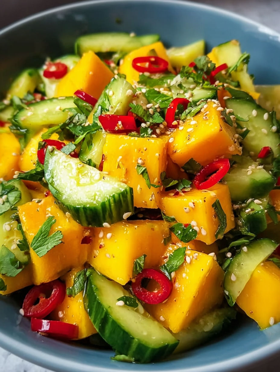 A plate of sliced mango and cucumber salad.