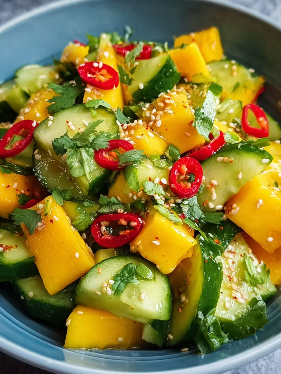 A bowl of sliced mango and cucumber salad.