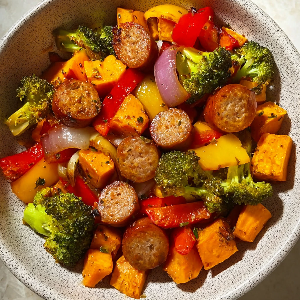 A bowl of food with sausage and vegetables.