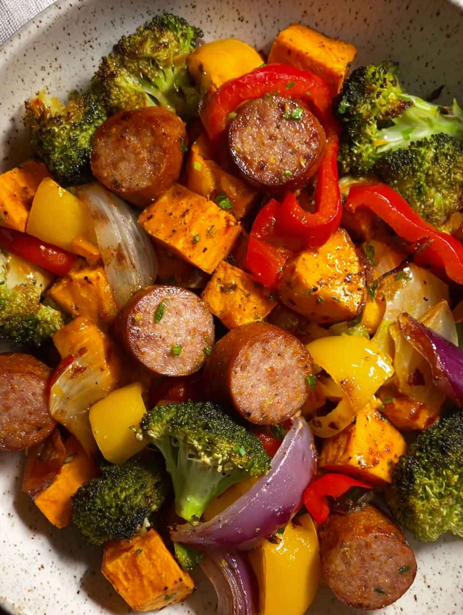 A plate of food with sausage and vegetables.