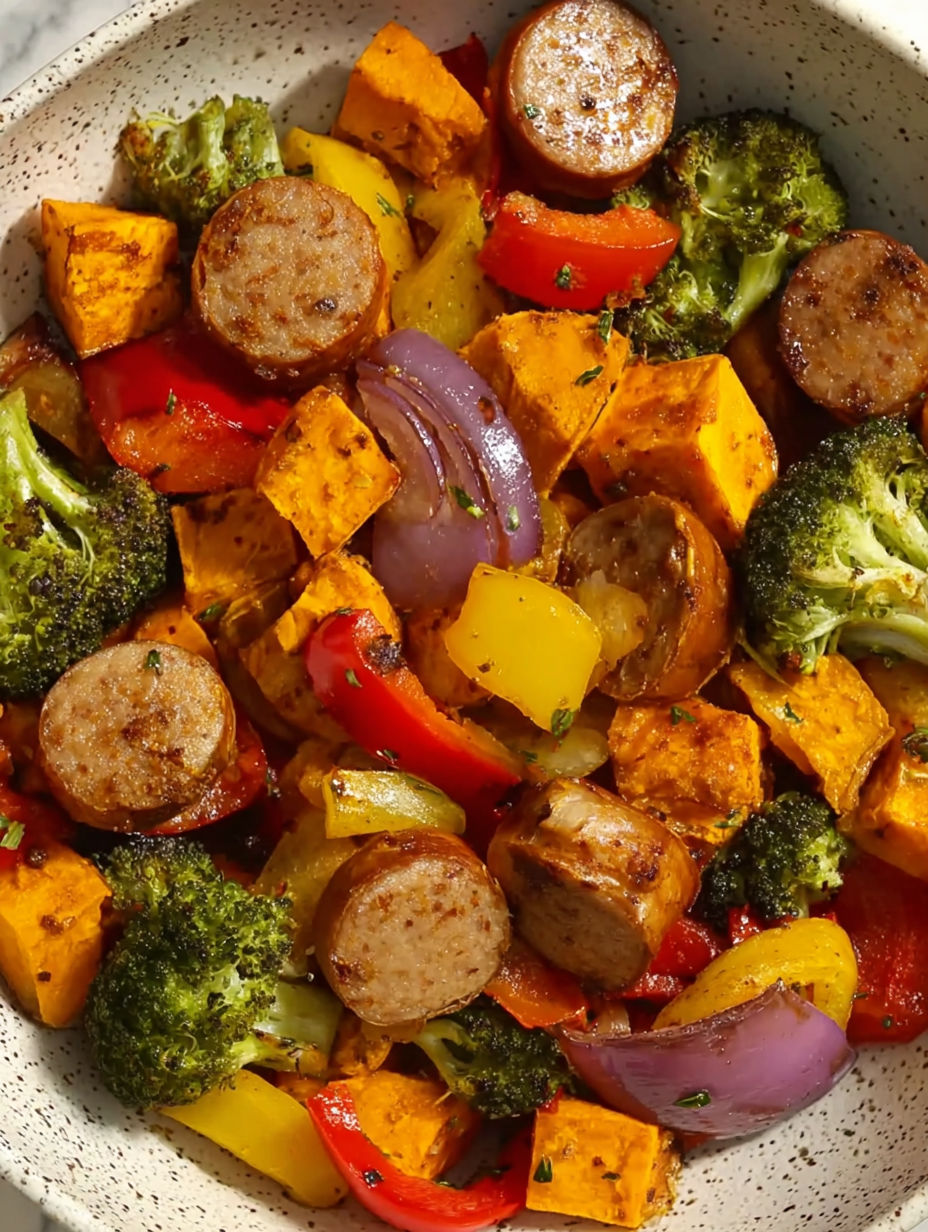 A plate of food with sausage and vegetables.