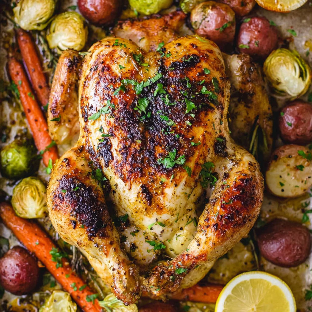 A roasted chicken with herbs and lemon.