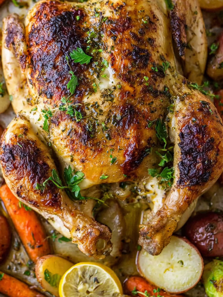 A roasted chicken with herbs and spices.